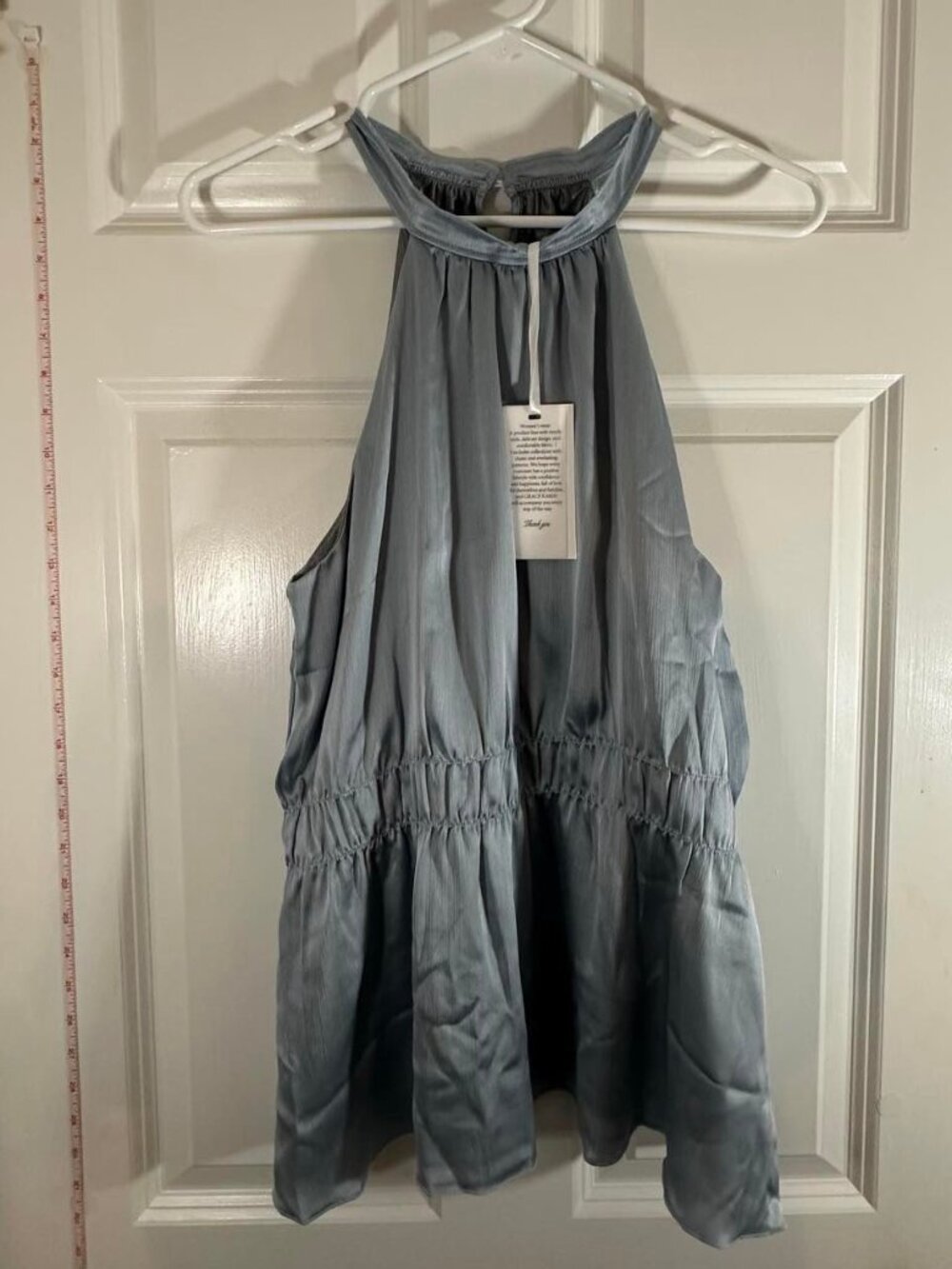 Grace Karin NWT Dusty Blue Satin Halter Top Keyhole Back Peplum Blouse XL